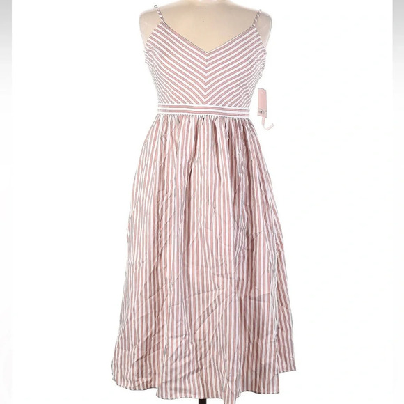 Avec Les Filles Striped Fit & Flare Beige Pink Sundress Midi Size 6 Small NWT - Picture 2 of 8
